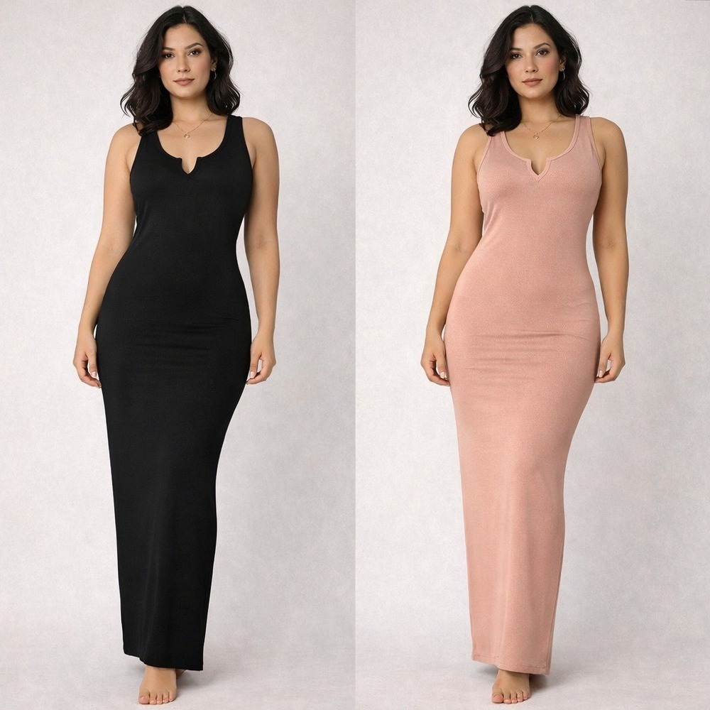 Maxi Dress Set Black Pink Ribbed Notch Neck Women XS